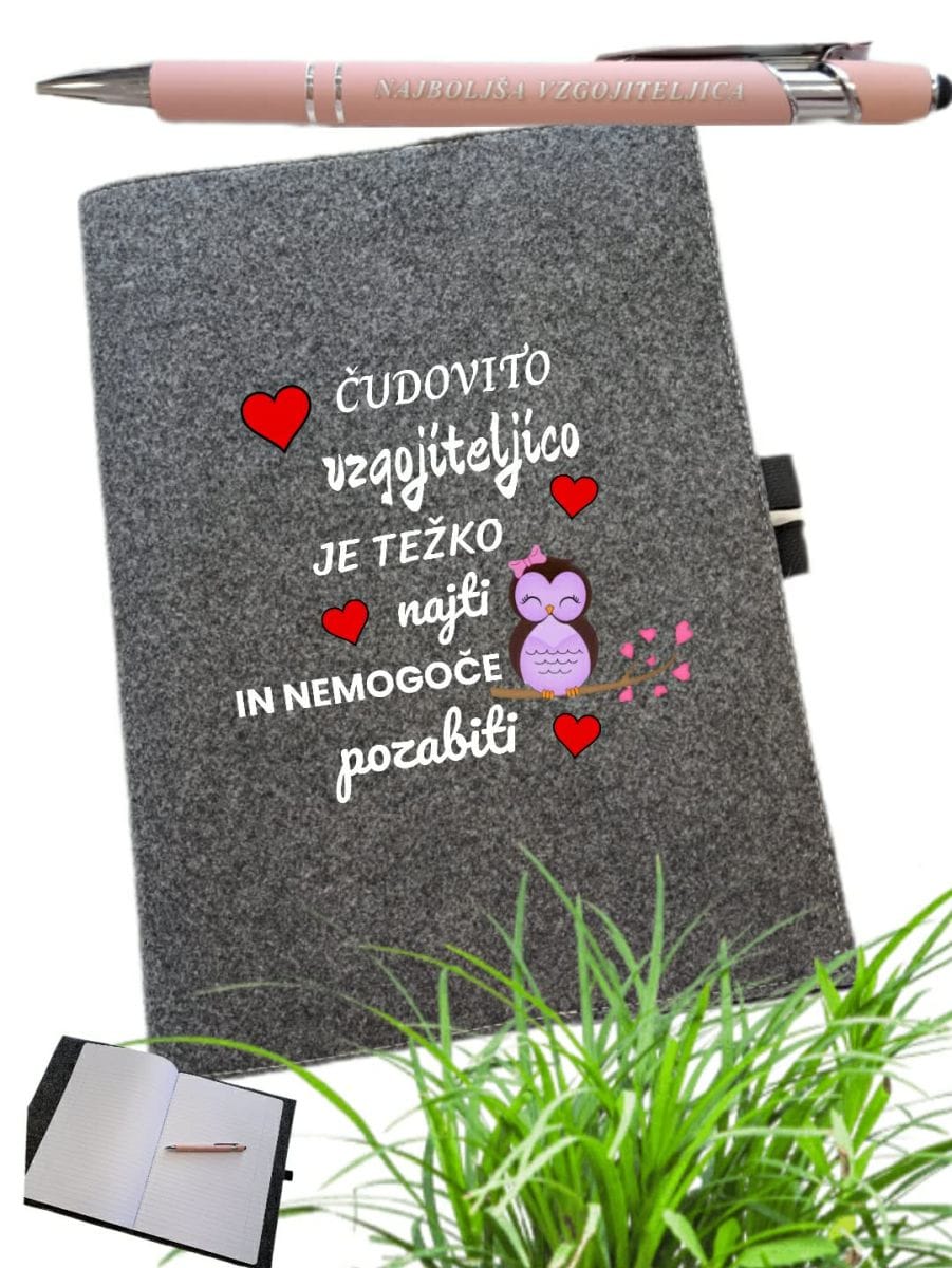 Ovitek s tiskom, zvezek in kemični svinčnik za VZGOJITELJICO-meter na meter