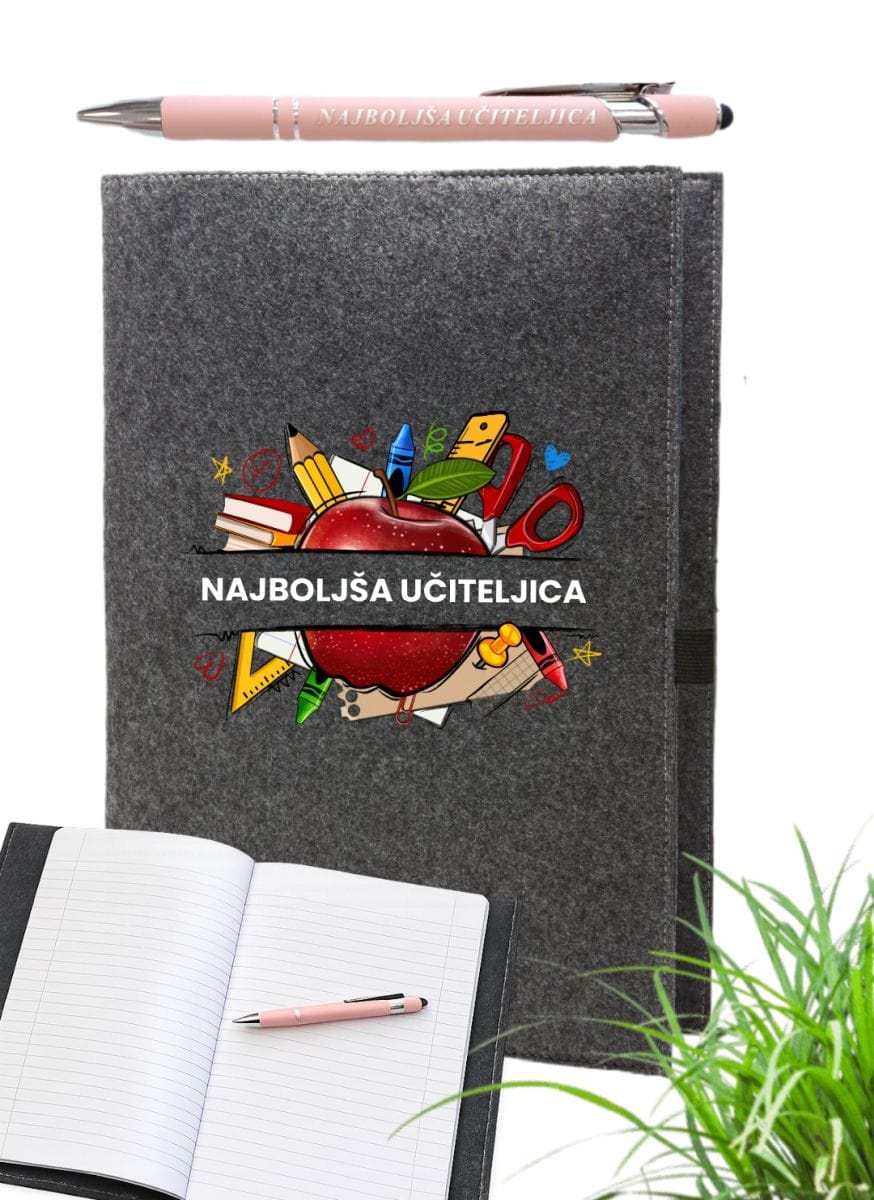 Ovitek s tiskom, zvezek in kemični svinčnik NAJBOLJŠA UČITELJICA-meter na meter