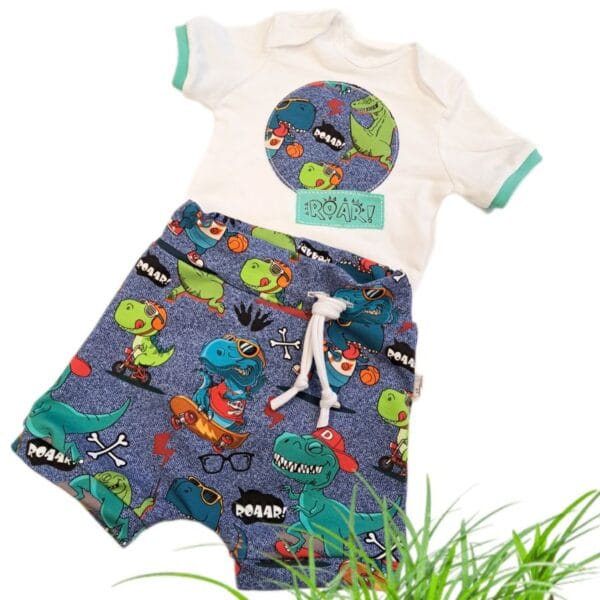 Kompletek kratke baggy hlače in body VESELI DINOZAVRI-meter na meter
